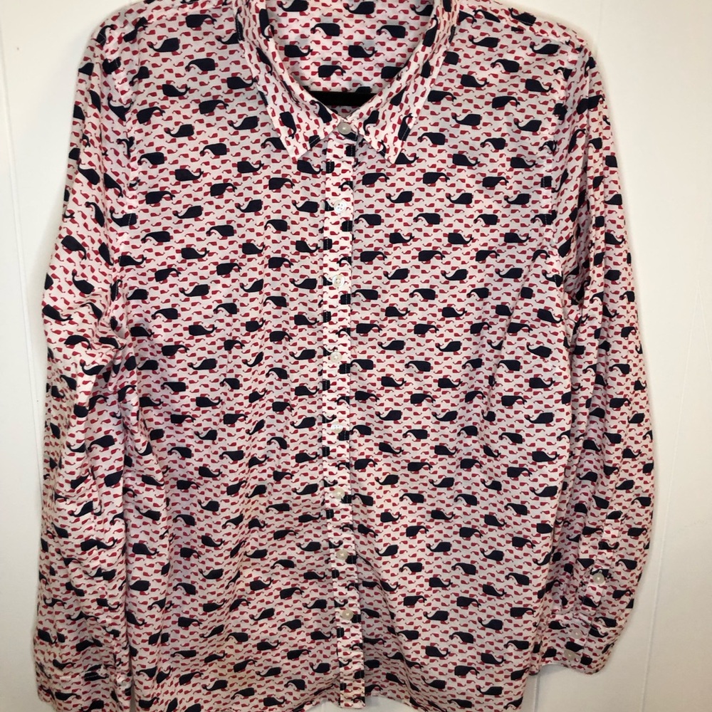 crown & ivy Pink Button-Down Shirt with Navy Whale Print